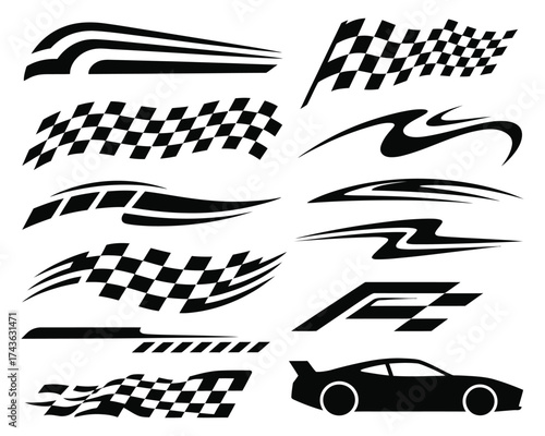 Collection of vector racing graphics including checkered flags, dynamic stripes, and sports car vinyl decals for vehicle customization
