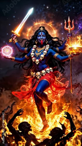 Indian Goddess Kali in Divine Cosmic Dance Pose over Flames with Evil Shadowy Forms
