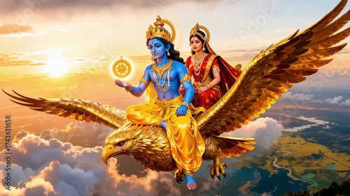 Lord Krishna and Satyabhama Fly on Garuba Eagle High in Sky above Earth