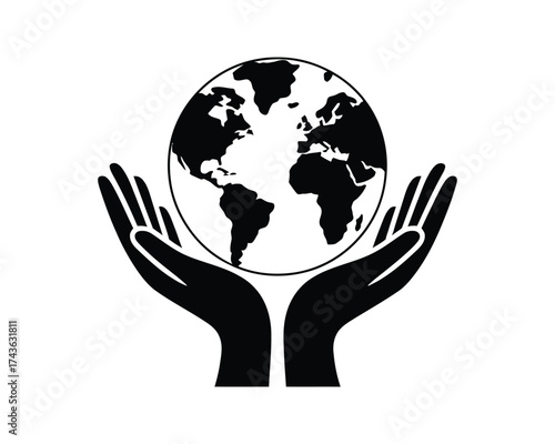 Black and white minimalist vector logo design illustrating hands cradling the Earth, symbolizing global care, environmental protection, and community support for a sustainable future