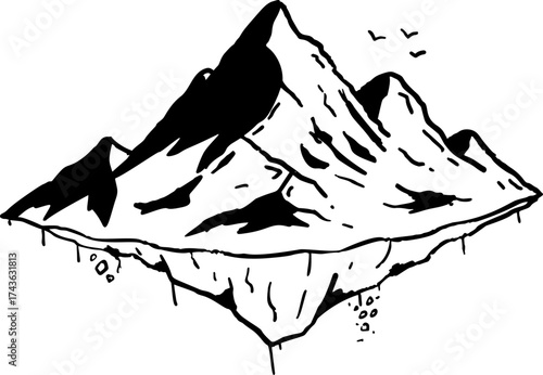 Minimal black ink sketch of a mountainous island hovering in the air. Great for fantasy-themed projects, map icons, or storytelling visuals.