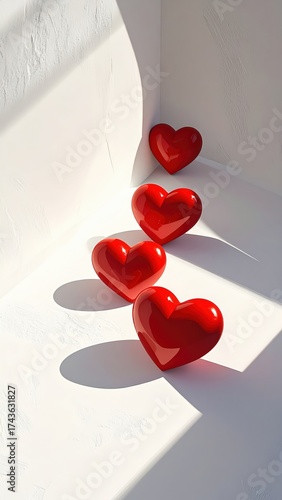 Four red hearts arranged in a corner with light and shadows.