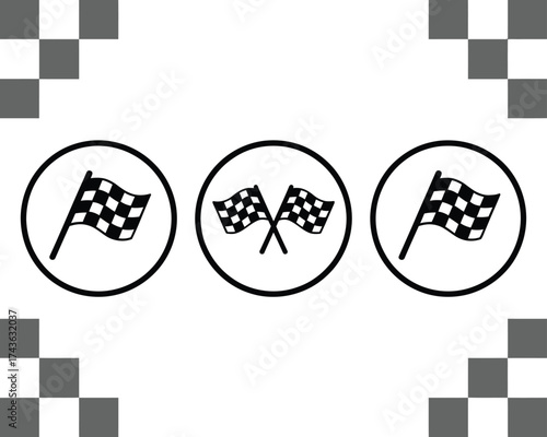 Racing Flag Icons - Set of Three Black and White Checkered Flags Inside Circles for Speed and Competition