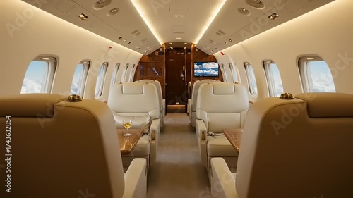 Luxurious Private Jet Interior Design with Comfortable Seating and Tables.