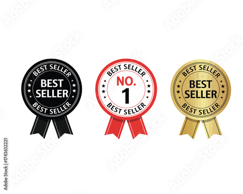 Collection of vector best seller circular emblems with ribbons. Set includes gold, black, and red number one winner medals for marketing and sales