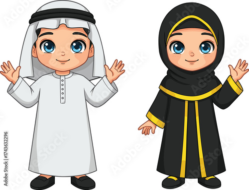 Cartoon boy and girl in Middle Eastern traditional clothing waving happily, cultural diversity, Islamic attire, cheerful children illustration for education
