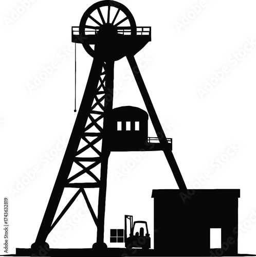 Black Silhouette of a Coal Mine Headframe with Forklift and Building Isolated on White Background in Detailed Illustration