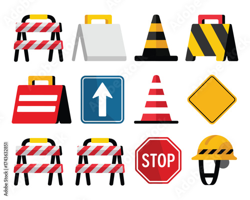 Collection of graphic icons representing traffic safety, construction, and road work symbols, traffic management and road closure signs
