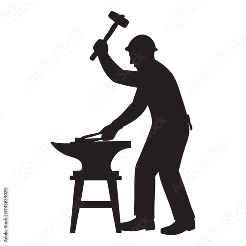 Blacksmith silhouette striking hot metal on anvil with hammer in hand symbolizing craftsmanship and traditional metalworking skills