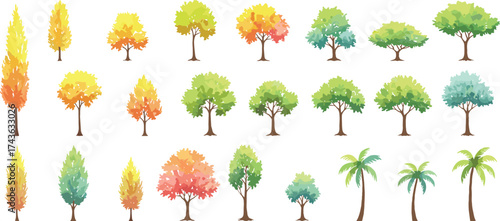 Stylized tree illustrations, colorful foliage, seasonal trees, nature icons, botanical shapes, palm trees, coniferous trees, deciduous trees, vector graphics, artistic trees