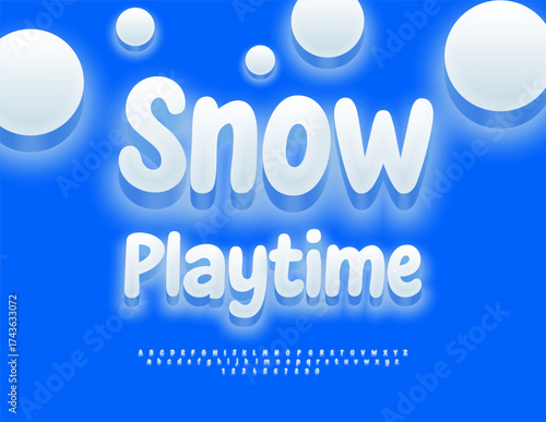Vector Active emblem Snow Playtime. White Glowing Font. Joyful Winter Alphabet Letters, Numbers and Symbols set