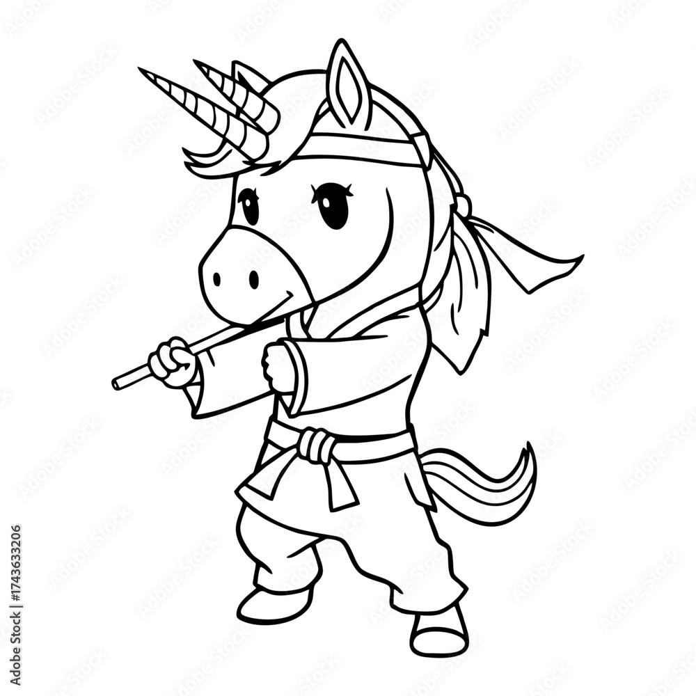 Fototapeta premium Cute Unicorn Coloring Page – Black and White Line Art for Kids, Printable Fairy Tale Fantasy Illustration