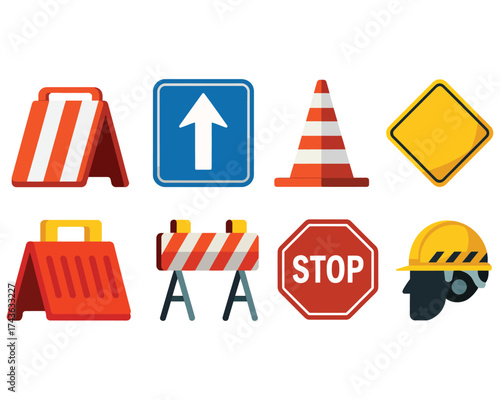 Road Construction and Safety Icons Set Flat Design Illustration