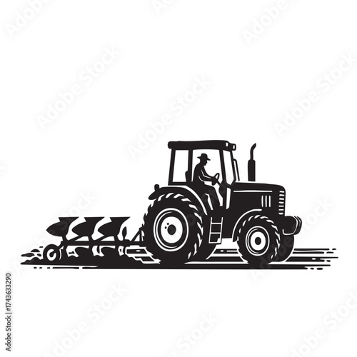 Silhouette of a Tractor Plowing the Field A Symbol of Agriculture and Rural Life Vector Illustration Graphic Design