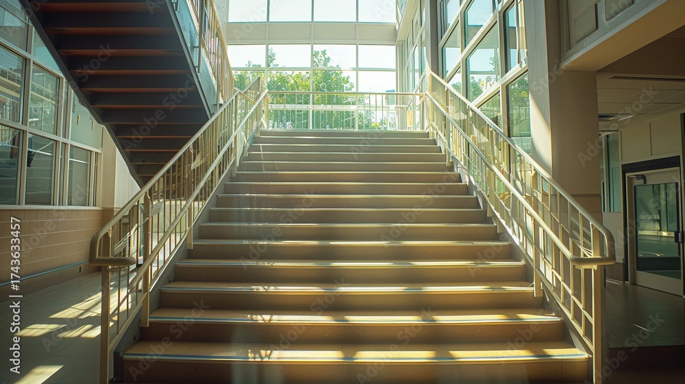 Obraz premium Bright interior staircase in school, college, university, morning sun, featuring large windows and modern architecture in a quiet building.