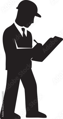 Silhouette of inspector engineer taking notes wearing hardhat and business suit for construction site management and building project compliance ensuring safety standards are met