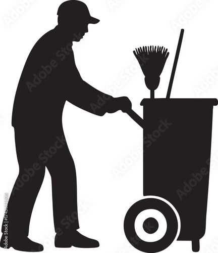 Silhouette of a Street Cleaner at Work Depicting Urban Hygiene and Maintenance Operations with Broom and Trash Can