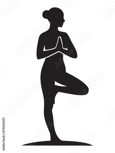 Silhouette of woman in tree pose practicing yoga for meditation and wellness mindful healthy lifestyle with white background and copy space