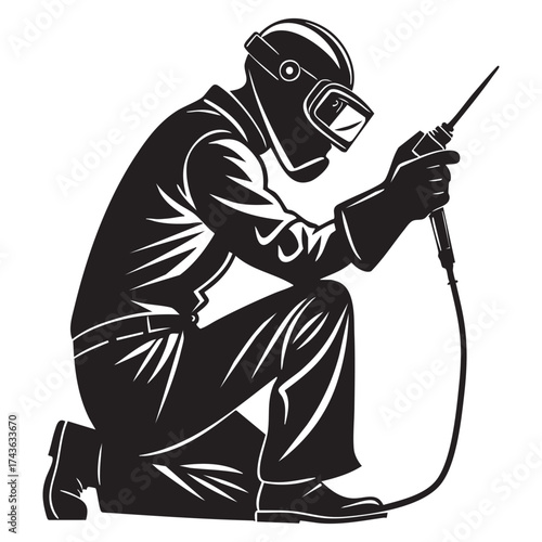 Welder in Protective Gear Preparing to Work Black and White Vector Illustration Highlighting Safety and Precision Skilled Craftsmanship