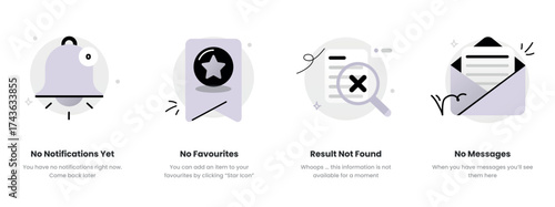 Empty State Illustration Set – No Notifications Yet, No Favourites, Result Not Found, No Messages