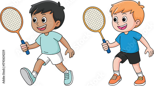 Cartoon boys playing tennis vector illustration showing active kids in sportswear, perfect for children’s activities, fitness, and recreation themes.