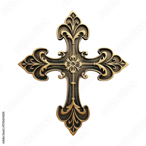Ornate metal cross with intricate floral designs displayed against a neutral background