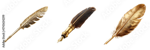 Set of A handcrafted quill pen lying next to a small ink bottle on transparent png background. Ai generated