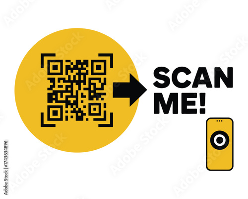 Minimalist digital illustration showing a QR code inside a yellow circle with an arrow pointing to a smartphone and the text 'Scan Me' as a call to action