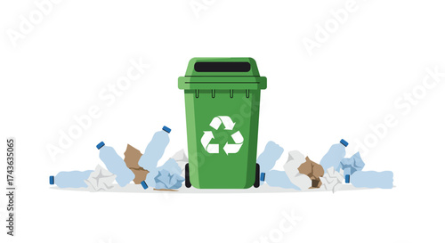 A green recycling bin with plastic bottles and crumpled paper around it