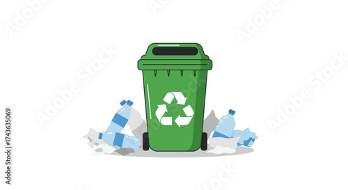 Green recycling bin with plastic bottles and crumpled paper