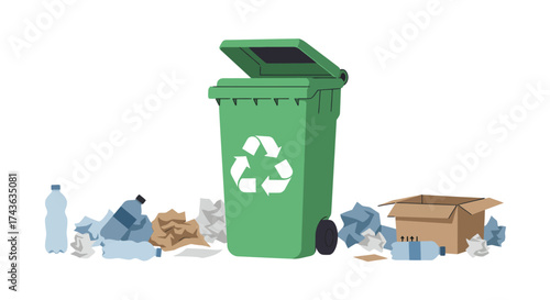 Green recycling bin with trash and an open cardboard box