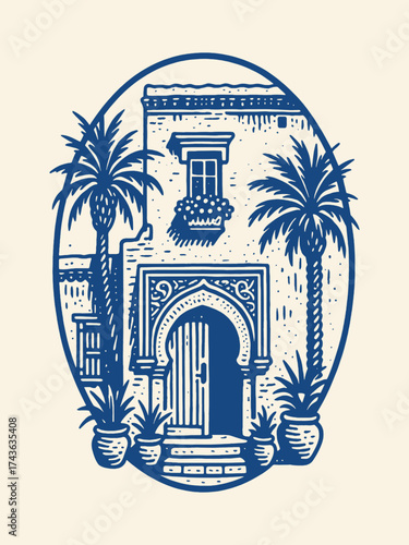 Moroccan building facade engraving style vector illustration