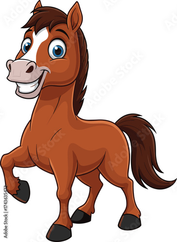 Cartoon brown horse with cheerful smile, blue eyes, playful pose, white forehead mark, kids animal vector for educational content