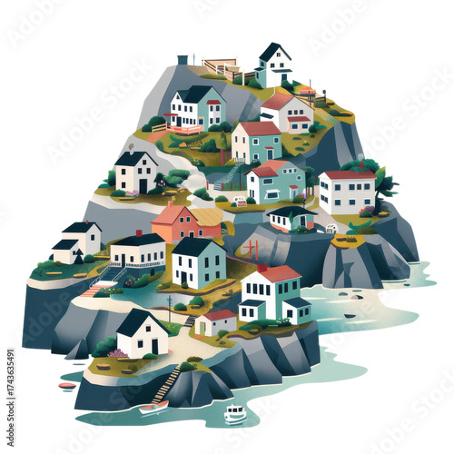 Colorful coastal village nestled on a rocky hill overlooking clear waters with charming houses and pathways