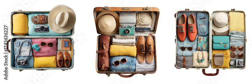 Set of Flat lay of an open travel suitcase with clothes, shoes, and travel essentials on transparent png background. Ai generated