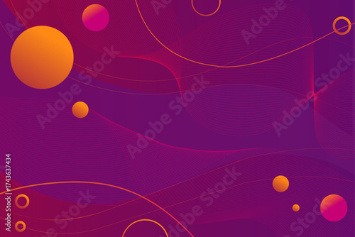 Vibrant Abstract Background with Neon Purple Waves, Gradients, and Floating Orange Spheres