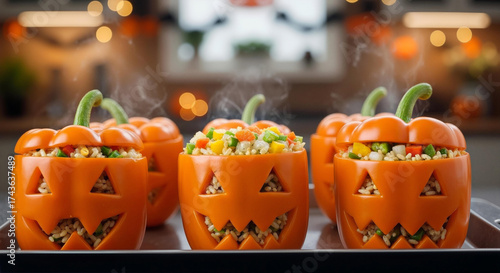 Creative Halloween decorations with stuffed jack-o'-lantern peppers for a festive party