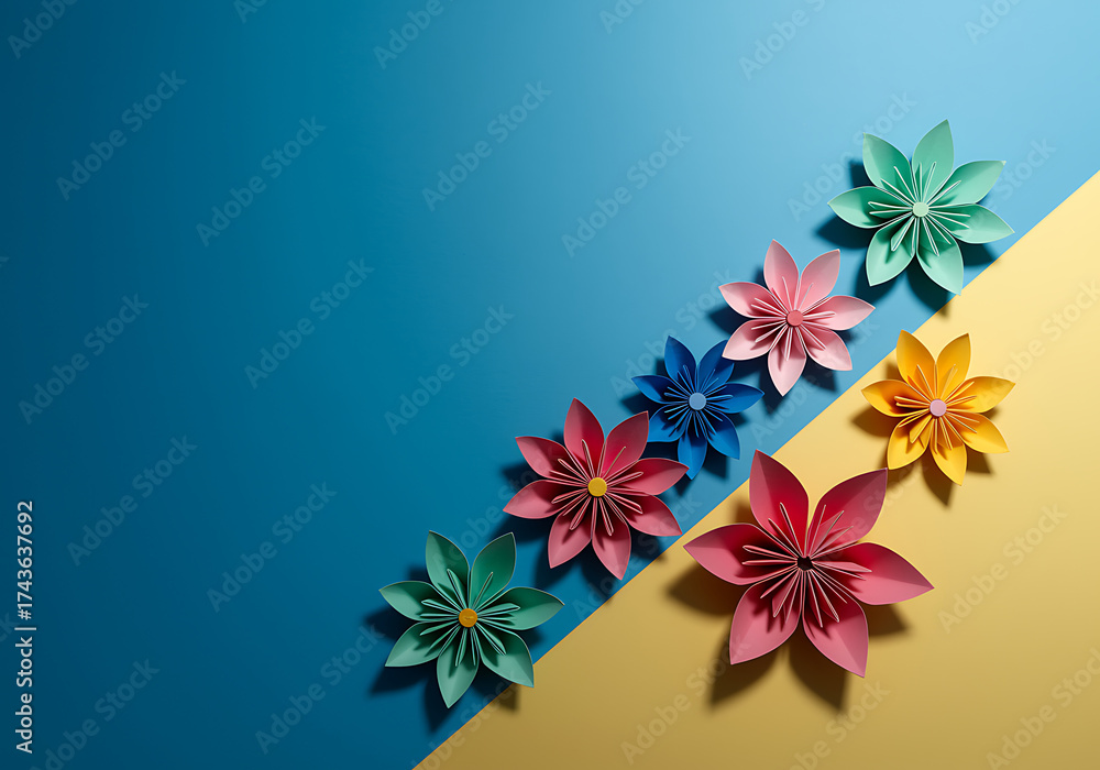 Naklejka premium Colorful origami flowers arranged diagonally on a blue and yellow background with shadows