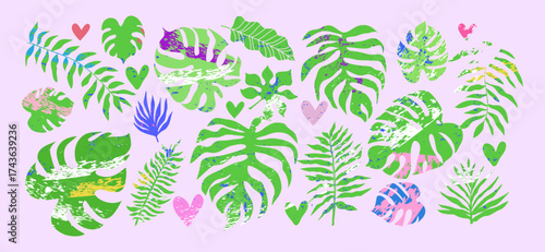Tropical leaves icon set Foliage flowers, plants different shapes texture Colorful doodle vector illustration for design