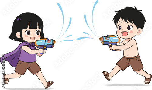 Cartoon children running with water guns, playful summer activity illustration showing fun, motion, friendship, and energetic outdoor childhood moments