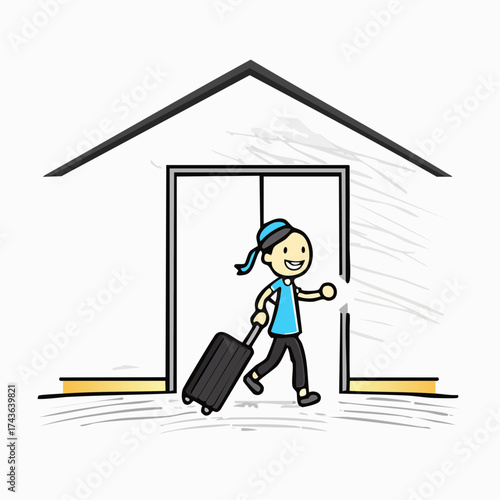 Cartoon woman walking out of a house with a suitcase in a simple line art style on a white background with a cheerful mood.
