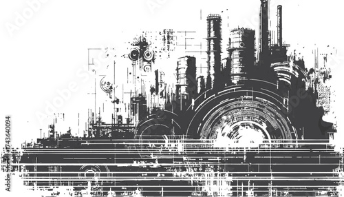  Monochrome, abstract urban scene blending factory structures with circuit-like lines. Evokes technology, energy, and innovation, offering a futuristic industrial vibe suitable for tech