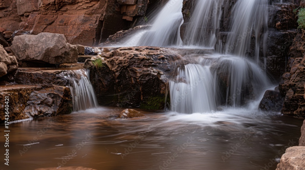 Fototapeta premium Natural Waterfall Wonders: Flowing Streams, Forested Mountains, and Moss-Covered Rocks in Outdoor Landscapes