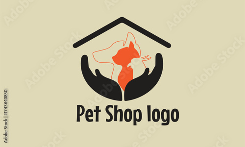 Modern pet shop logo design featuring dog and cat silhouettes inside caring hands and house roof shape, perfect for animal care, veterinary, shelter, or pet store brand identity
