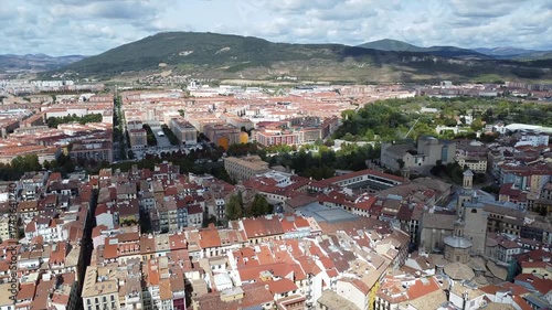 Aerial Drone Views of Pamplona Old Town, Navarre, Spain – Historic Cityscape with Medieval Streets and Rooftops