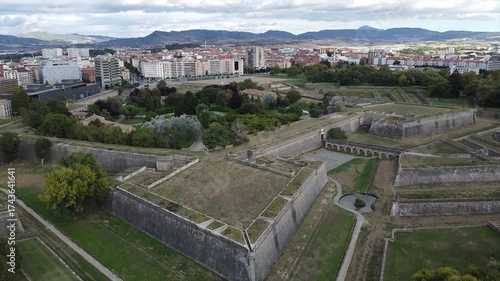 Aerial Drone View of Pamplona City Center and Citadel Fortress, Navarre, Spain – Historic Architecture and Green Urban Park