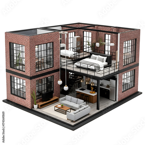 Wallpaper Mural Isometric 3D Render Displays Modern Loft Apartment Interior with Brick Walls and Open Floor Plan Design, Realistic Interior Design Torontodigital.ca