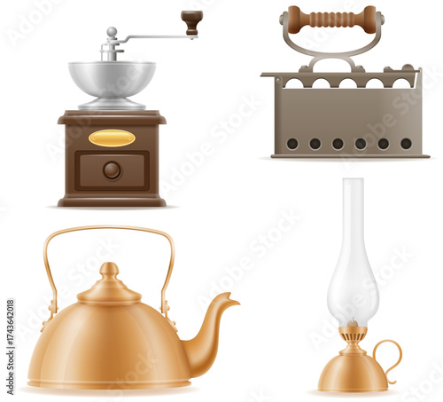 lots of different home big set of much objects retro old vintage items cartoon stock vector illustration isolated on white background