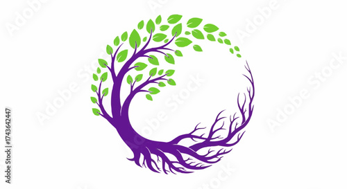 Nature's Embrace An Artistic Tree of Life Depiction in PNG's, Showcasing the Interconnectedness of Roots and Branches with Vibrant Green Leaves, Evoking Growth and Harmony in a Minimalist Style Design