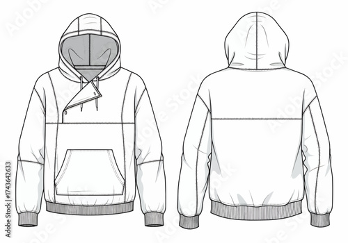 An illustration shows the front and back view of a casual hoodie with a kangaroo pocket and drawstring.